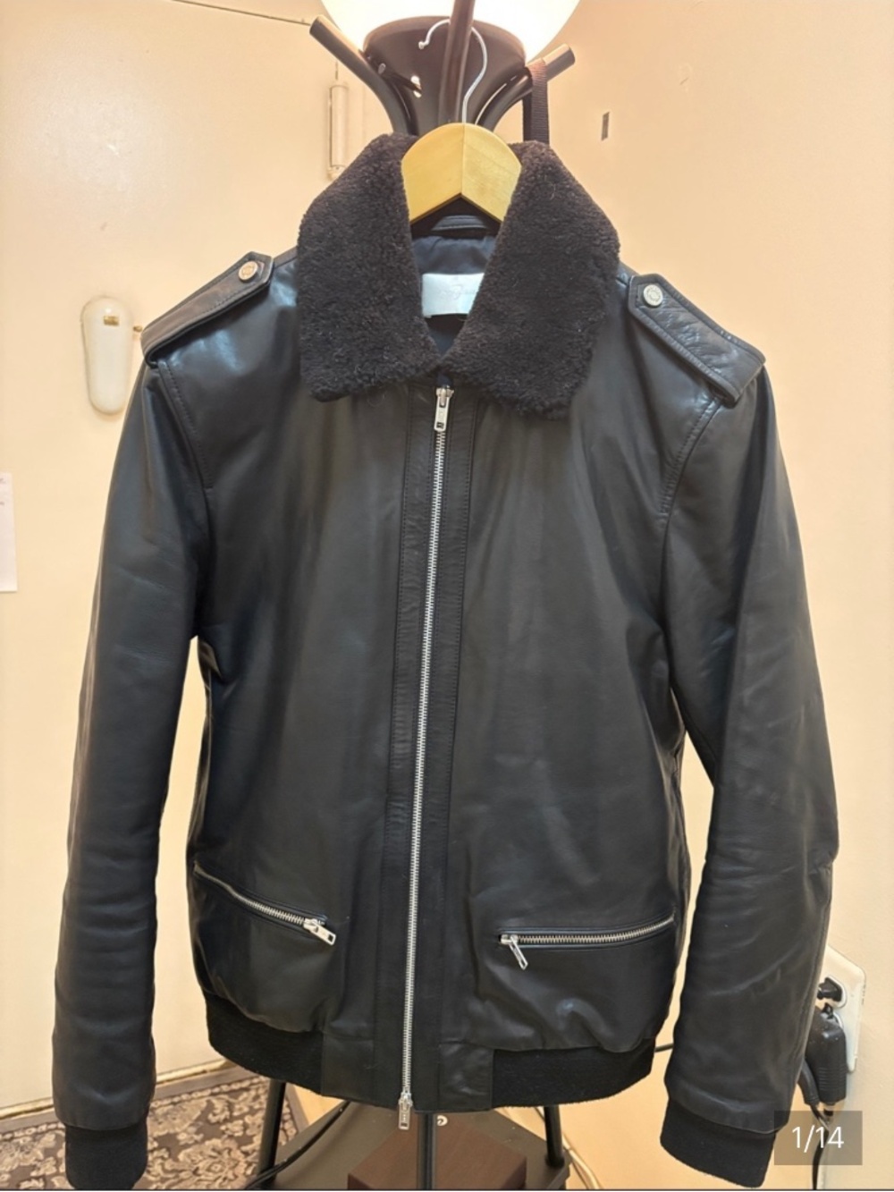 7 For All Mankind BLACK LEATHER BOMBER JACKET SHEARLING COLLAR SIZE M